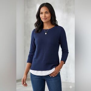 Hilary Radley Navy Blue Layered-Look Mixed Media Sweater